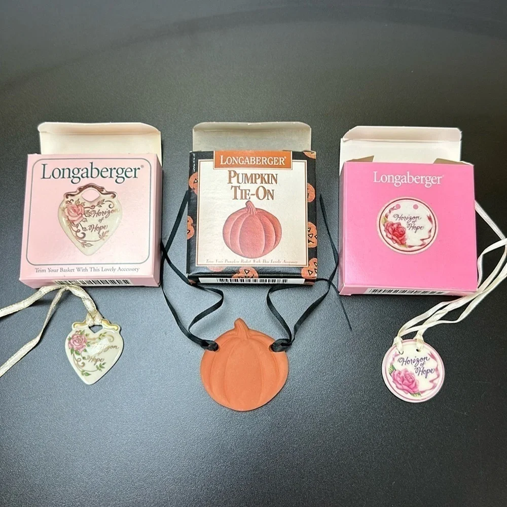 Vtg Longaberger‎ Basket Ceramic Tie Ons Lot of 3 Pumpkin Horizon of Hope Floral